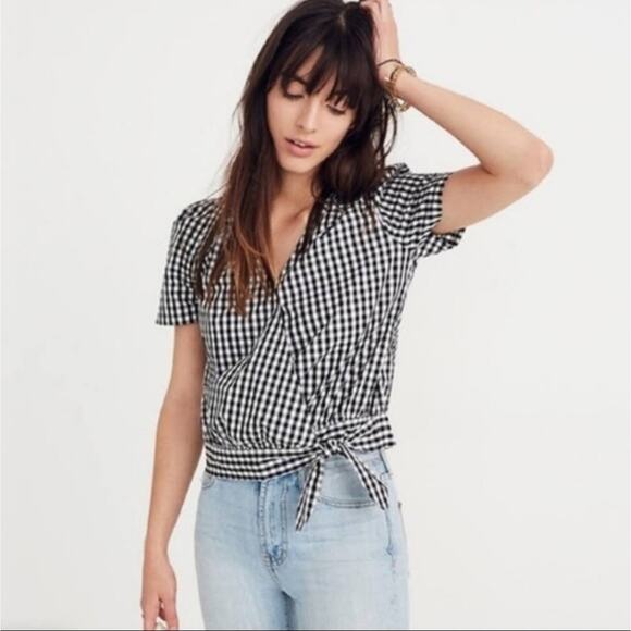 Madewell V Neck Short Sleeve Faux Wrap Front Tie Gingham Top Size XS - Picture 14 of 15